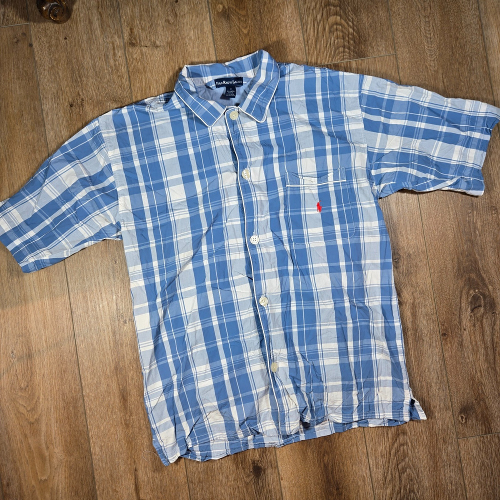 Ralph Lauren Polo Men’s M Pajama Shirt Blue Stripe Plaid Sleepwear Lounge Top